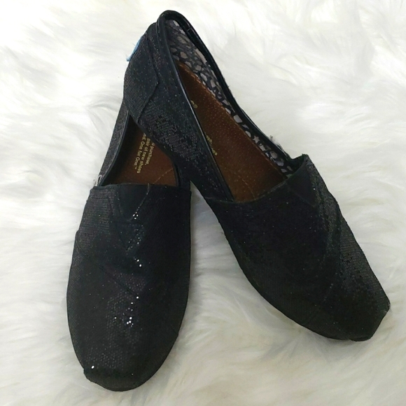 TOMS Black Glitter Classic Slip-On Shoes - Picture 1 of 8